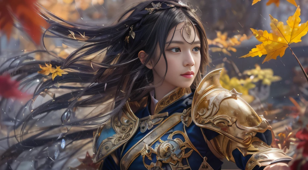 Water Goddess 32K,复杂,ellegance,highly detailed,A majestic,Digital photography,Autumn cowboy shot,surrealism painting,Broken rubies,Beating magic,Entwined water magic,(tmasterpiece,Cinematic light,Fine beautiful eyes:1.2),hdr,Void 5 Energy Storm,(China 1 girl,Black eyes:1.5),Rouge skin,Glowing skin,(sitting on the stone:1.5),delicated face,Black color hair,Put on palatial gold armor,cropped shoulders,,short skirt,Beautiful golden armor,Rained,big breasts beautiful,looking at viewert,Face away from the camera,tmasterpiece,Lateral face,Side portrait close-up