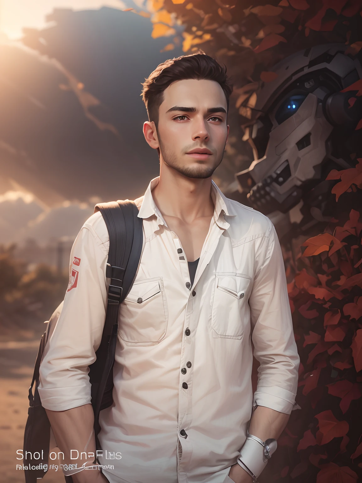 A handsome boy with a robot, change background, change clothes, realistic face, potrait background,4k quality