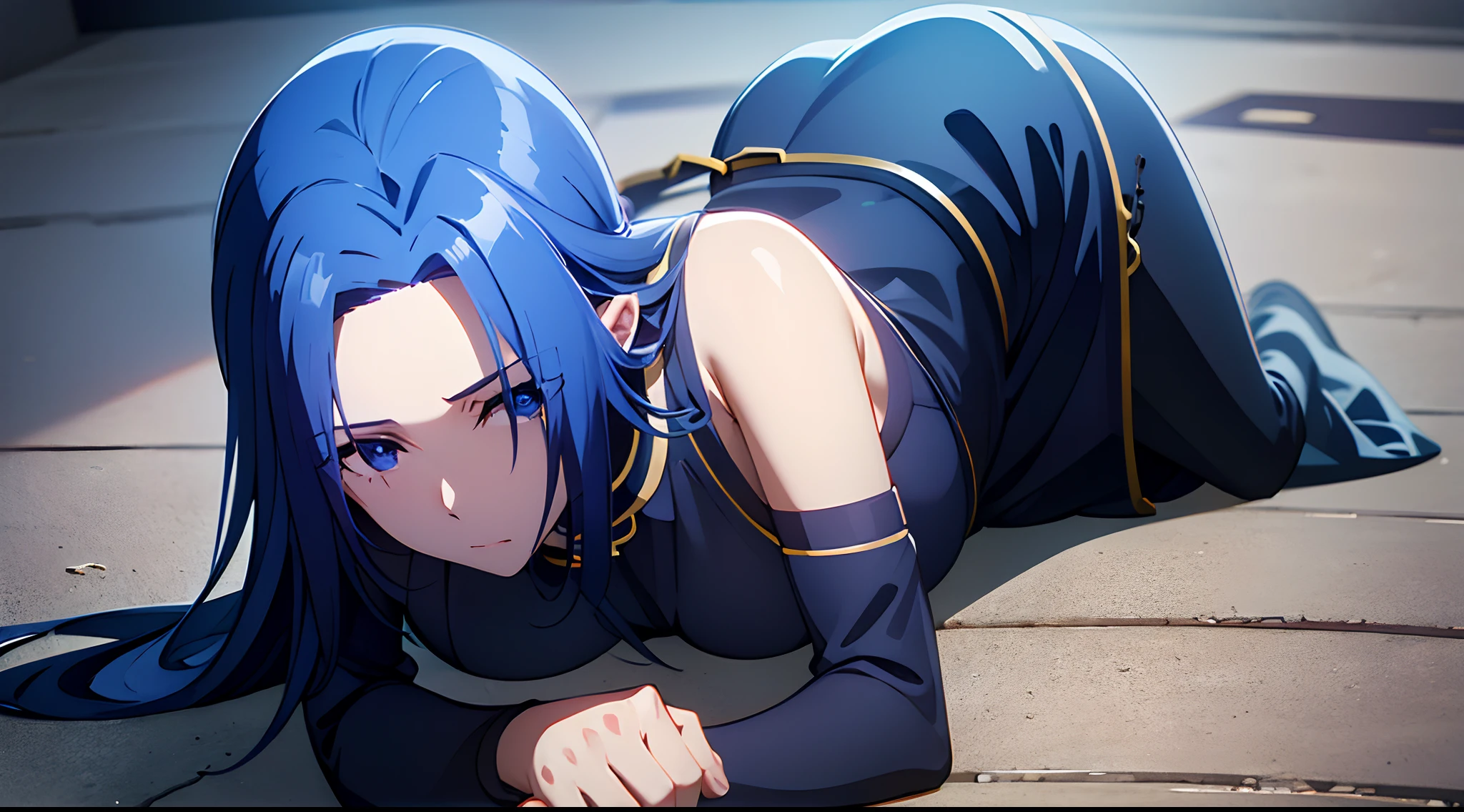 Blue hair,Dark Blue,full body, crawl,collar,leash