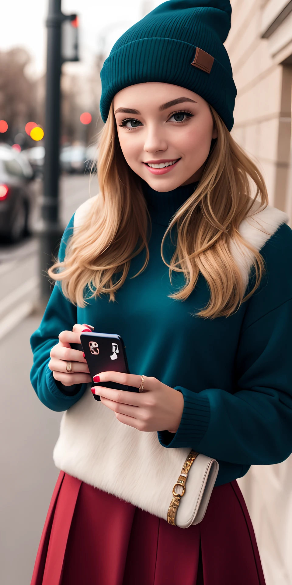 A blonde girl recording a video with a IPhone 13 and is wearing a French beanie and wearing winter styled clothes