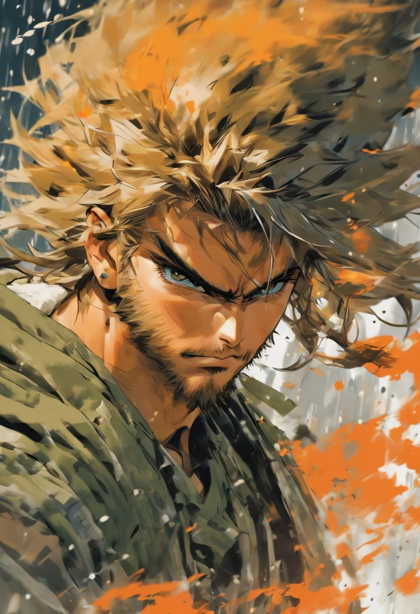 paint brush app, in the style of yoji shinkawa, charming character illustrations, serge marshennikov, depictions of inclement weather, zhang jingna, orange, extreme angle --ar 69:128 --s 750 --niji 5