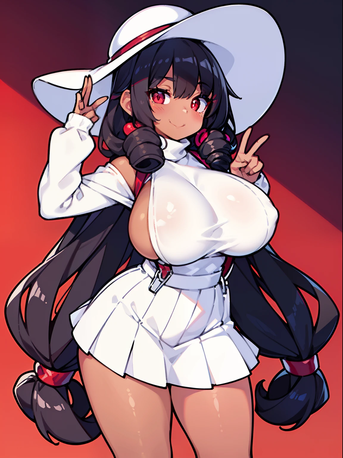 Best quality, (masterpiece:1.2), 1girl, super tall, black turtleneck sweater, no sleeves, very long curly coiled black hair with super curly bangs, red eyes, white sunhat, white pleated skirt, red shoulder bag, suspenders, dark toned skin, outside, big breast, perfect body, standing, smile, holding up peace sign, kawaii