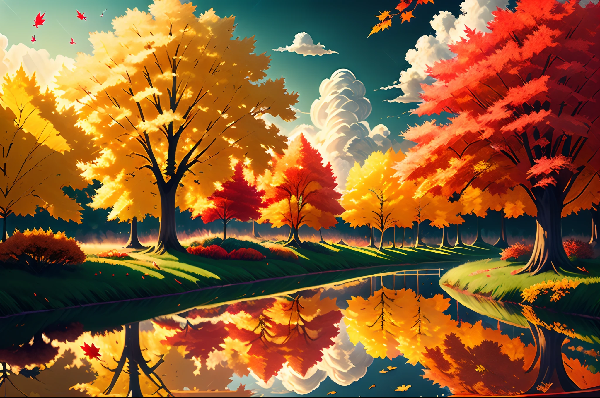 (Best quality), (masterpiece:1.3), Fantastic Magic World, autumn clouds, scattered clouds, Scenic center, clear cloud sky, water reflections, Yellow ginkgo, orange maple and red maple,