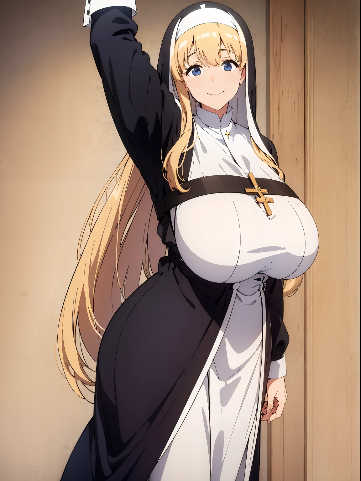 Highest quality, masterpiece, One girl, (alone:1.1), Ray Tracing, Super detailed,Detailed face, 8k 壁paper,Sitting with knees on the ground 、corridor、Wide Hips, Embarrassed face, Nuns, One girl, Blonde, Big Breasts, Long Hair,(Black Dress)、 Monastic clothes, blue eyes, necklace、spread legs、pants