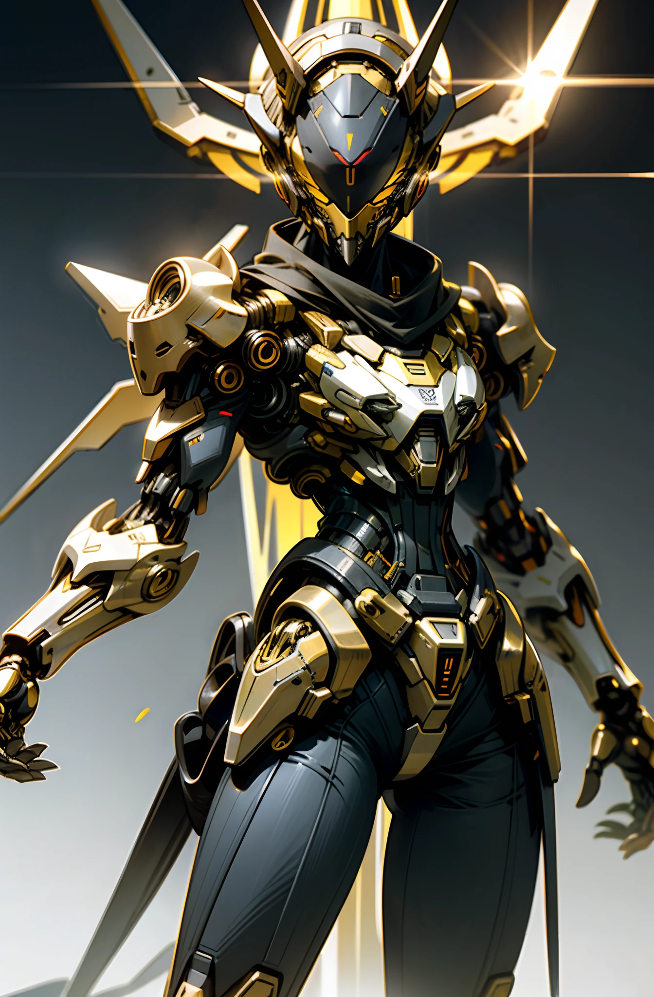 dark fantacy， cyber punk perssonage， Mechanical Marvel， golden colored： 1.1， mechs，Runaway，EVA