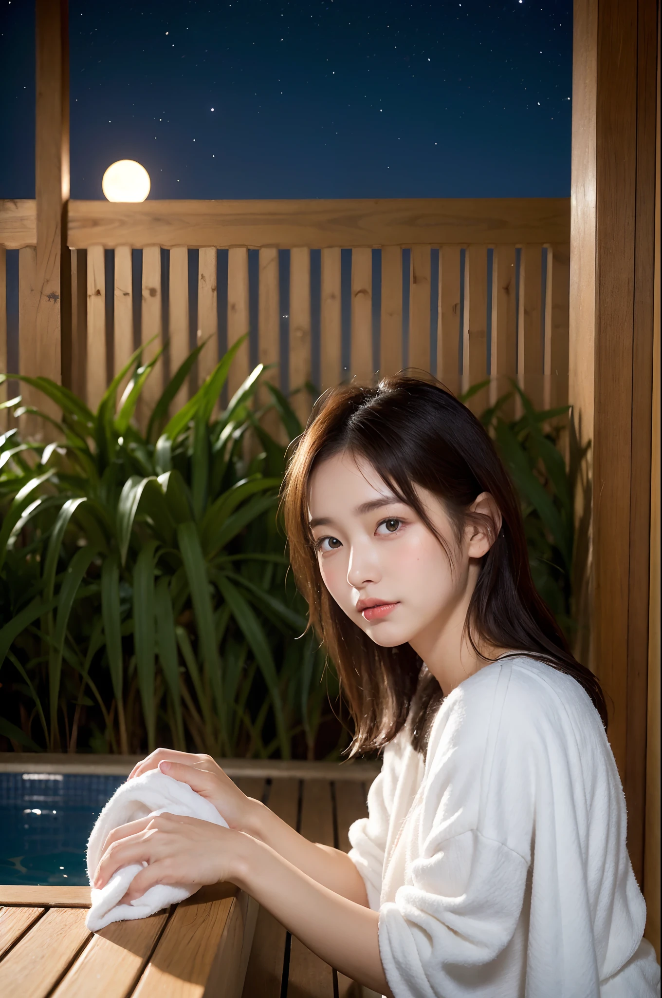 (natta:1.7), East Asian Architecture, 1womanl,Sitting on tatami mats, brunette color hair,(hair between eye), Lip flap, (:1.3),(Beautiful shiny straight short long:1.3),Beautiful fingers,Beautiful long legs,Beauty Body,Cute nose,Beautiful character design,perfect eyes,face perfect,looking at viewert,(Innocent_Big_Eyes:1.0),(light_Smile:0.3),offcial art,Very detailed CG Unity 8K wallpaper、Bright_front_Face_Lighting,(tmasterpiece:1.0),(best_quality:1.0), 超A high resolution,4K,ultra - detailed, photography of, 8K, nffsw, hight resolution, absurderes:1.2, Kodak Portra 400, film grains, Lens Flare Glow, (Beautiful_Face:1.5),8K,Raw photo, 、Relax at a hot spring ryokan in Japan、(The subject is my first hot spring trip with a girl:1.3) (Draw an open-air bath more widely:1.2) (Girls are not subjects:1.3) The rooms in the inn are cluttered (Girl Standing On Balcony:1.3) (Hair after a bath:1.3),((Naked with a bath towel wrapped around the side:1.3)) ,(Hair is wet:1.3),((Beautifully depicts depth and width:1.3)),((The open-air bath is surrounded by Japan garden and large rocks, With just two small lights.:1.3)),((You can see a beautiful starry sky and a beautiful moon:1.3))(Wrap a bath towel in the open-air bath:1.2)(Girls are not subjects:1.3),((white tender skin:1.3))Show thighs
