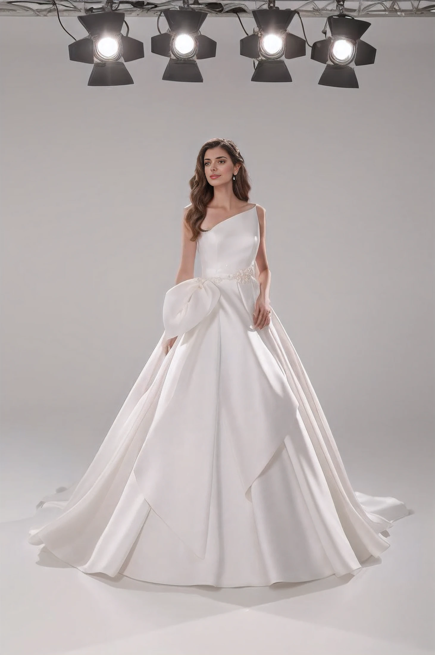 a woman in a white wedding dress standing in front of a spotlight, fluttering dress, vestido branco, elegant asymmetrical, vestir. detalhes extremamente altos, vestido, vestido elegante macio, inspirado em Demetrios Farmakopoulos, vestido vestido bonito vestido, romantic gown, vestido longo, prata,marfim, Flowing dress, vestido bonito, elegante e gracioso, deslumbrante elegante, vestido intrincado