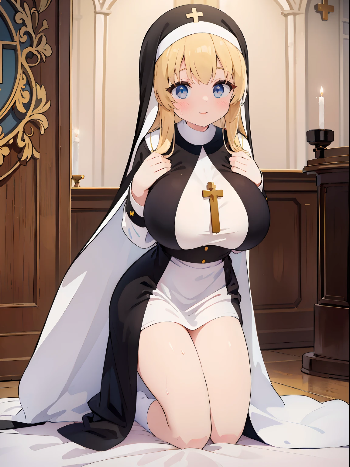 1girl, blond hair, smile, Catholic nun, smile, ((large breasts)), white background, ((sweat)), full body shot, church