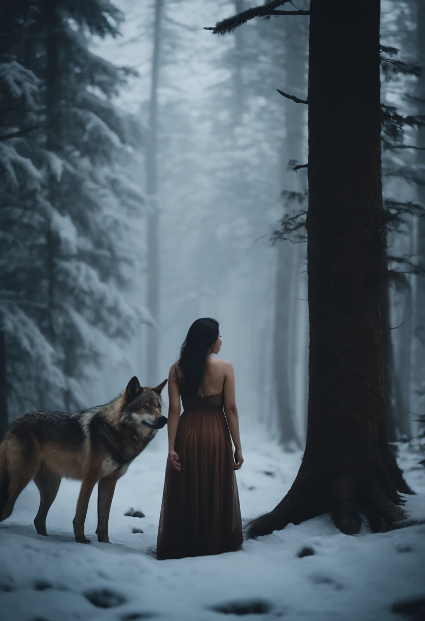 (Asian girl), (naked in the ice forest), (big brown wolf), (dark forest with big fog)