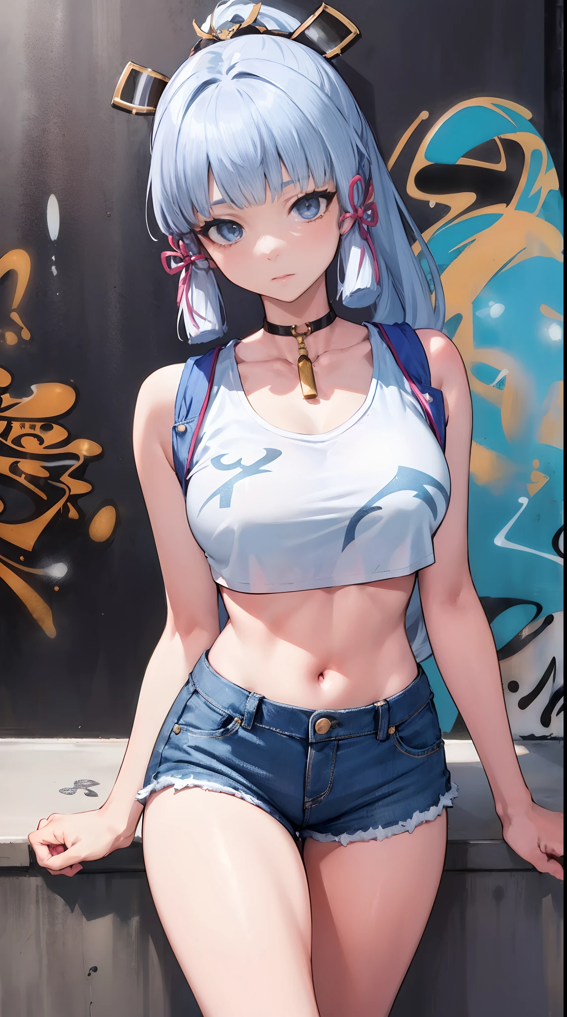 kamisato ayaka|genshin impact, master-piece, bestquality, 1girls,25 years old, proportional body, elongated legs, Beautiful, proportional., crop top, Long Jeans, mediuml breasts, ,bara, crop top, choker, (Graffiti:1.5), Splash with purple lightning pattern., arm behind back, against wall, View viewers from the front., Thigh strap, Head tilt, bored,(NSTDA.:1.2), (10, beste-Qualit, master-piece: 1.4), Beautiful red hair, ultra-high resolution, (lifelike, photorealistic portrait: 1.48), 20 age, Cute Girl, (Looking Through Crop Tops.), Famous Japanese actors, beautiful clear eyes, Head tilt, cowboy shot, from the front, looking at the audience, expressionless, Beautiful lake, Zeiss 150mm F/ 2.8 Hasselblad,  Whole body, foot, Ultra-Wide Angle,
