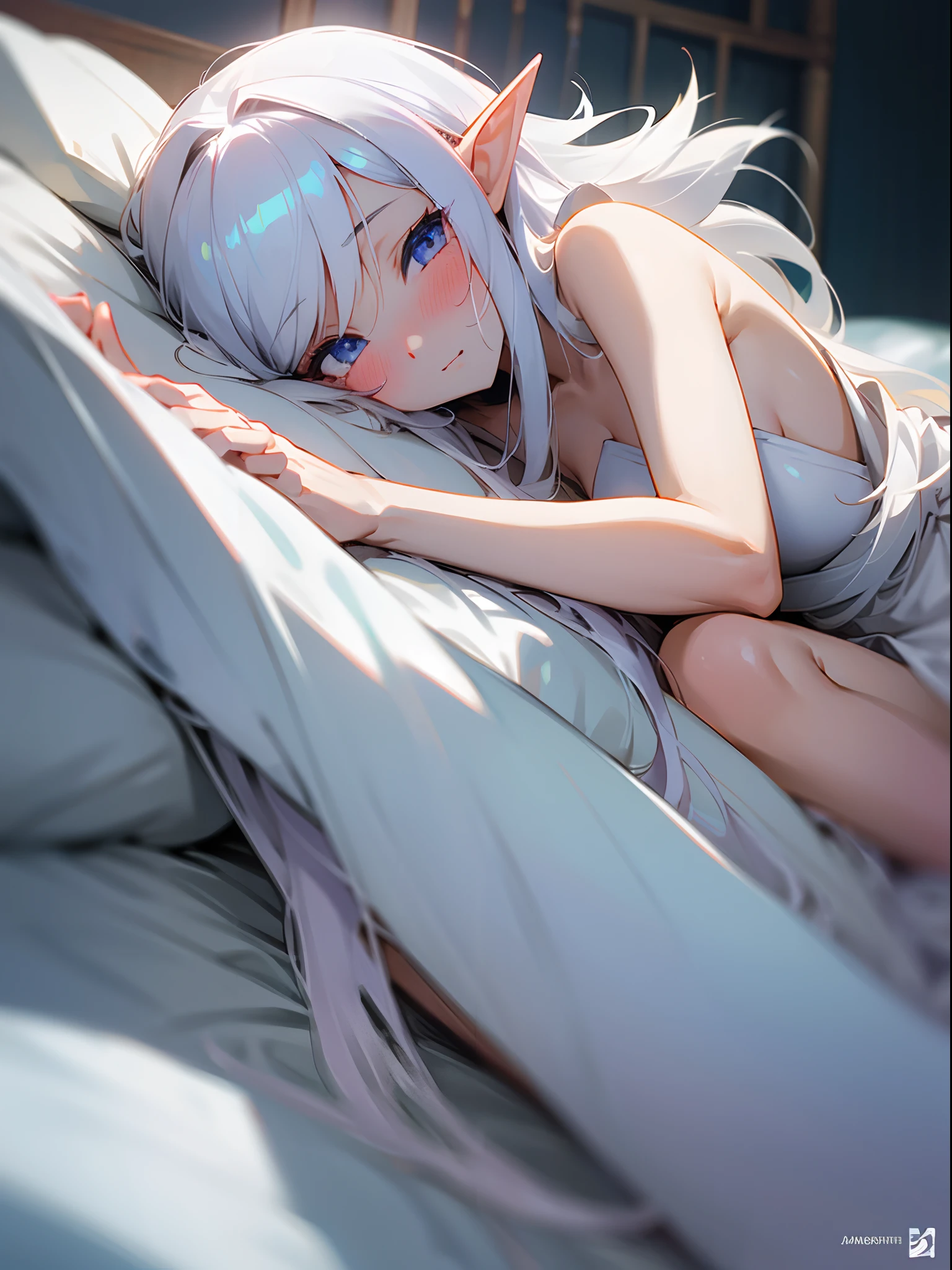 Anime, elf, white long hairs, beautiful and elegant, lying in bed, longing for sex, 1girl, asking "won't you do it with me?", cute, blushing