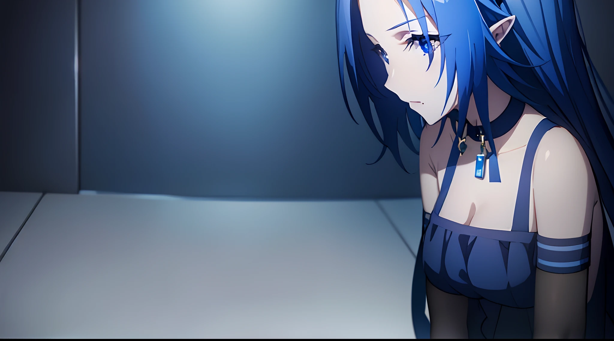 Blue hair,Dark Blue,, crawl,collar,leash