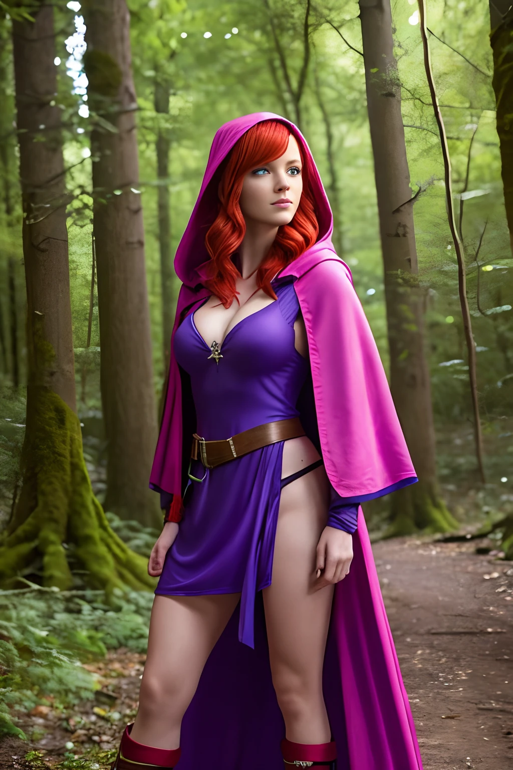 UHD 8K scene, hyper-real photo quality, beautiful young woman, red hair, bright blue eyes, short pink dress with thief outfit, purple hooded cape, character Sheila from Dungeons and Dragons, in the middle of a forest