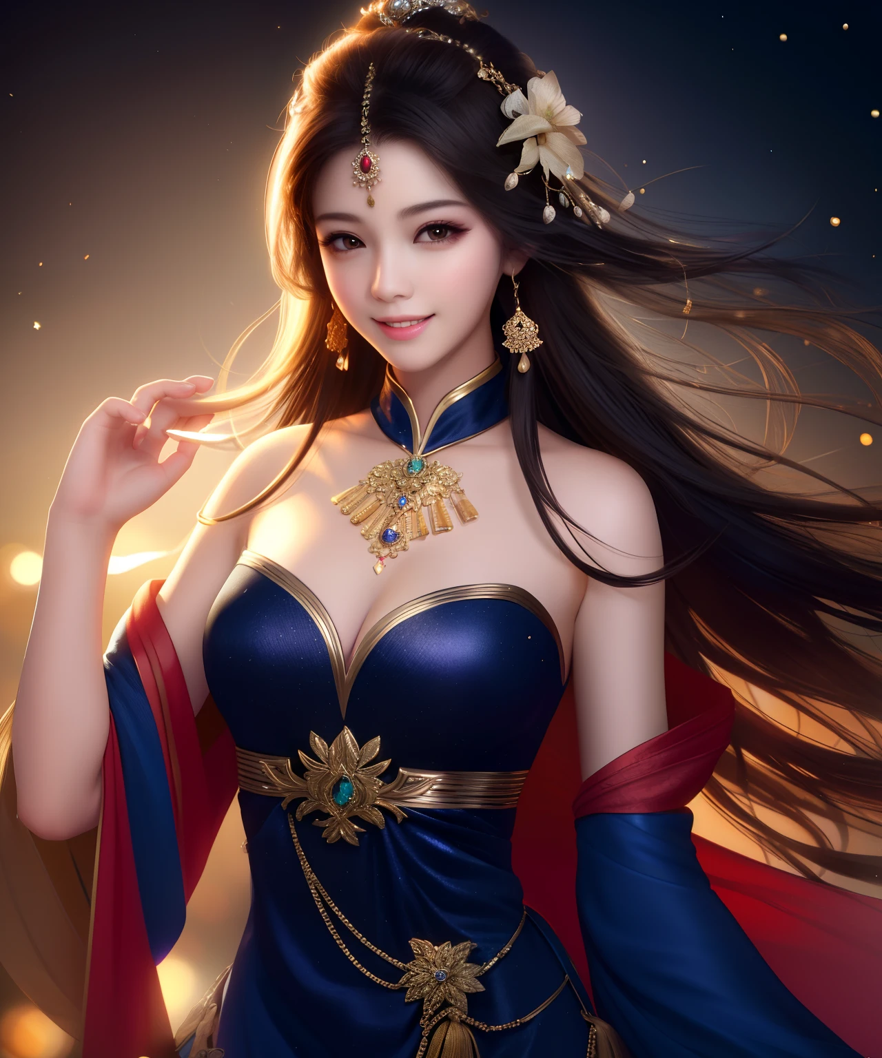 best quality, masterpiece, highres, 1girl,china dress,hair ornament,necklace, jewelry,Beautiful face,upon_body, tyndall effect,photorealistic, dark studio, rim lighting, two tone lighting,(high detailed skin:1.2), 8k uhd, dslr, soft lighting, high quality, volumetric lighting, candid, Photograph, high resolution, 4k, 8k, Bokeh, happy smile