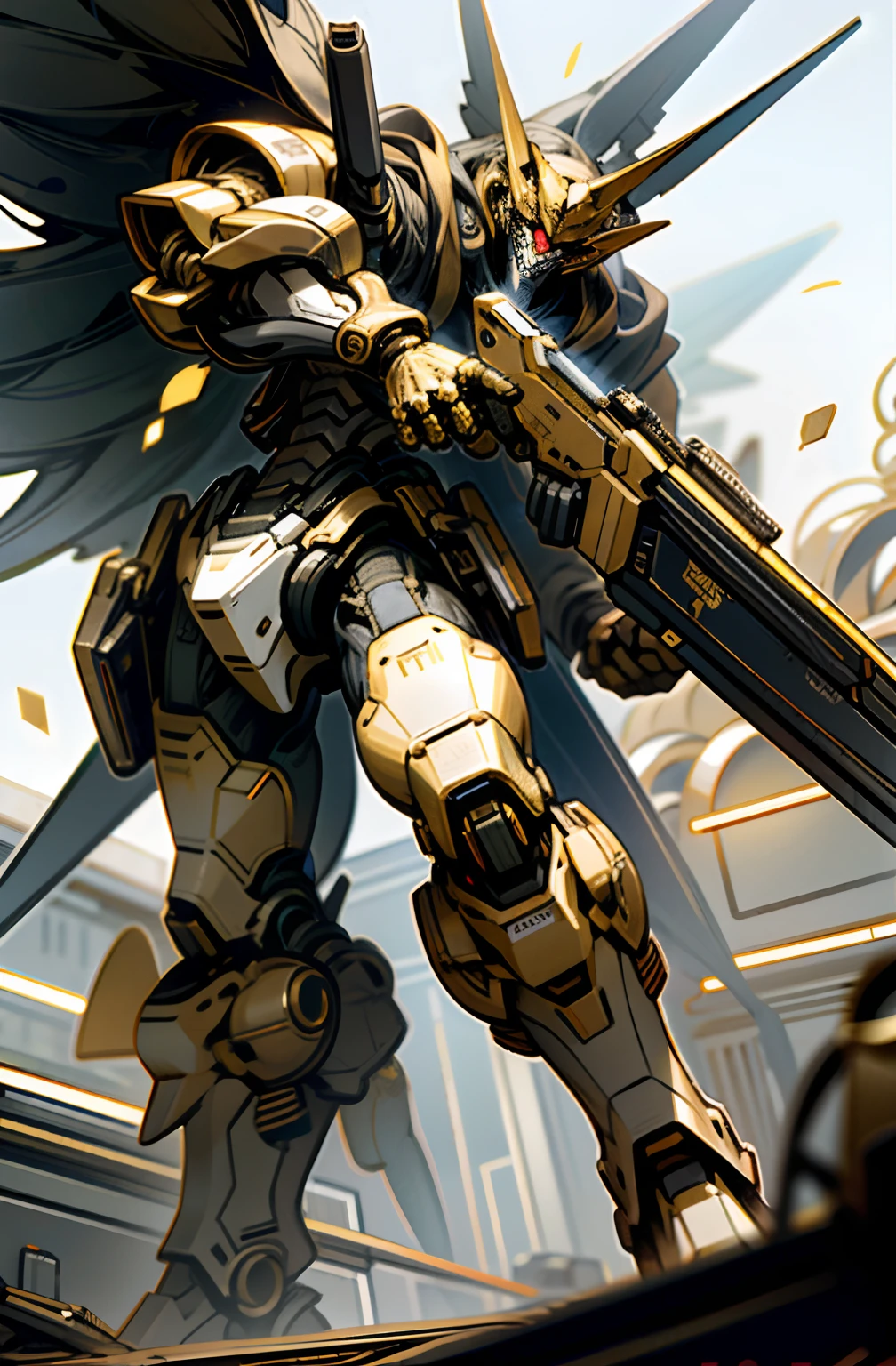dark fantacy， ， golden colored： 1.1， mechs，Runaway，Up，holding gun，