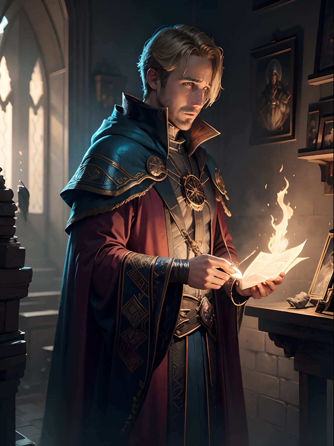 Ryan Gosling in a wizard's robe, Cryomancer, D&D Art, Fantasy Art, Seb McKinnon, Detailed, Trending on ArtStation, Magic: The Gathering