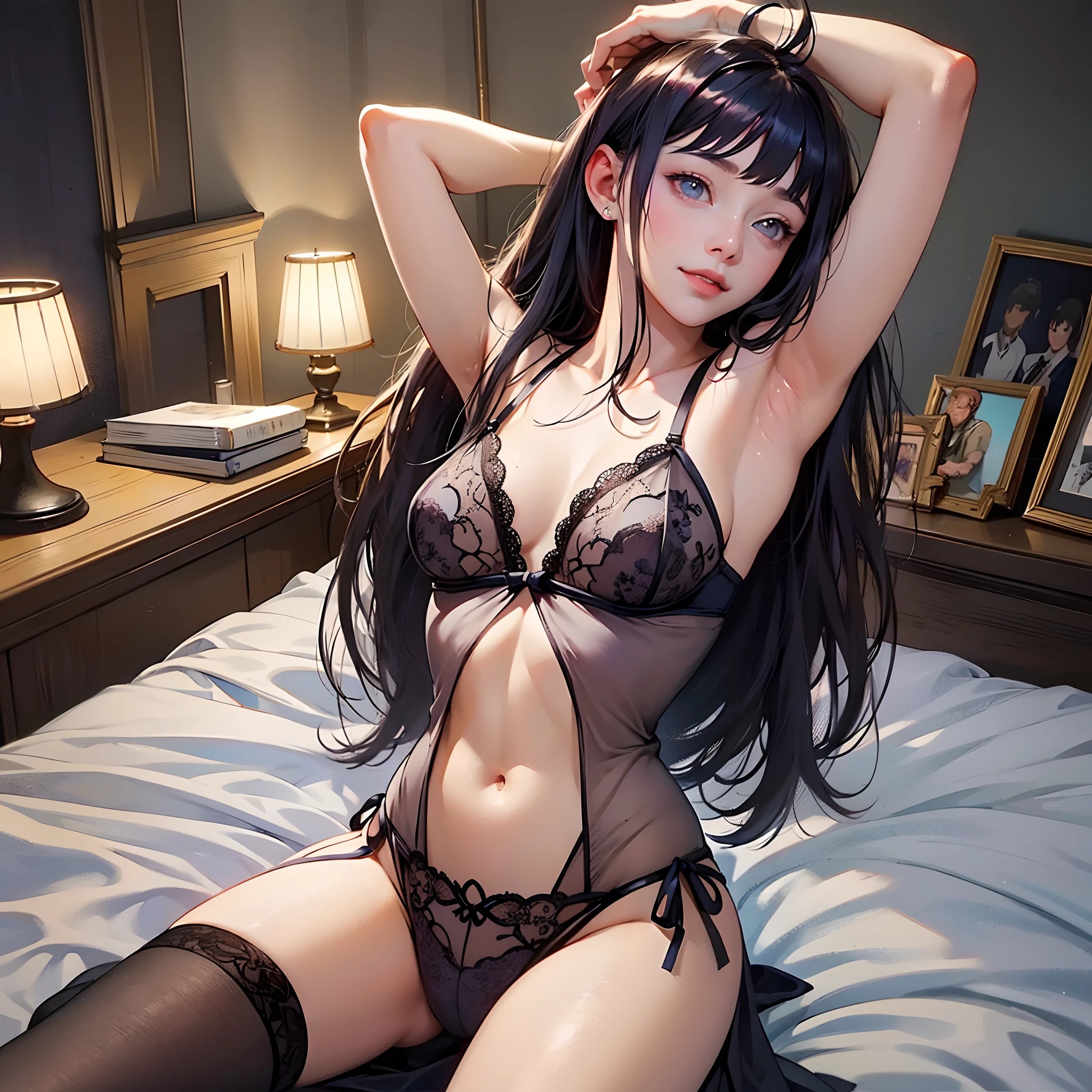 (((hyuuga hinata))), 1 girl, Cute, smile, shy, loose breasts, long hair, soft skin, oily skin, realistic pupils, highly details eye, masterpiece, best quality, super quality, UHD, glow,Novel ai style, perfect ???????, anatomically correct, show armpits, wearing lingerie,in bed , bedroom background,best quality, best relationship between four fingers and thumb,((best quality)), vivid light, vivid color , perfect ???????, perfect composition,Grey's Anatomy book , black hair, white eyes --auto --s2
