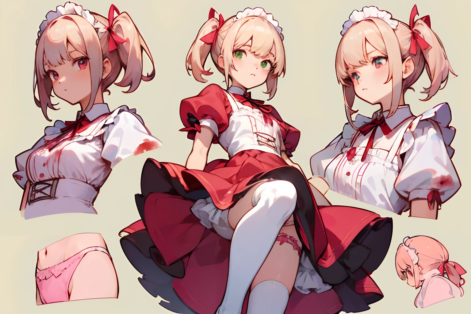 masterpiece,top-quality,((character sheets,Same character,gauges,Lateral face,soles)),environment change scene,Pose too,Hairstyle Fax,Pose Jitai,Chartaran Betarola,(simple background、white backgrounid:1.3),illustratio,1人,Petite girl,a blond,short twintails,Red and green eyes,Stars in the eyes,Maid clothes in torn white and pink mini skirts,Stockings with torn white ruffles,Pumps with pink ribbon,Chest strap,Order a thigh garter,Pink blood splatters,Blood on clothes,Bloody,tatteredclothing:1.2,multi view