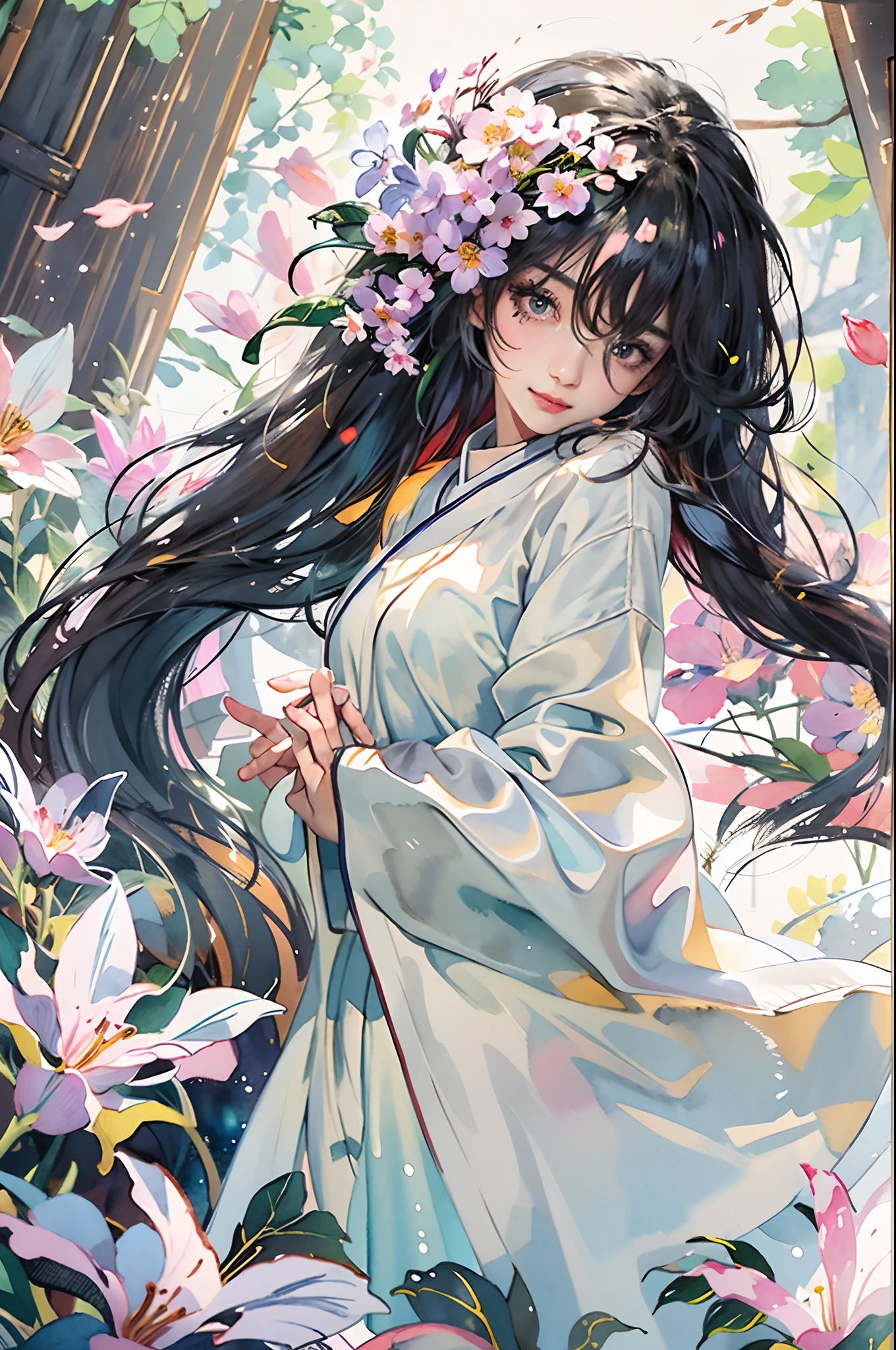 stechu,(white background:1.4), ((tachi-e)), original,(illustration:1.1),(best quality),(masterpiece:1.1),(extremely detailed CG unity 8k wallpaper:1.1), (colorful:0.9),(panorama shot:1.4),(solo:1.2), (ink splashing),(color splashing),((watercolor)), clear sharp focus,{ 1girl standing },((korean style )),flower background,outdoors,rocks, looking at viewer, make happy expressions,soft smile,pure,beautyfull detailed face and eyes,beautyfull intricacy clothing decorative pattern details, black hair,black eyes,colorwater