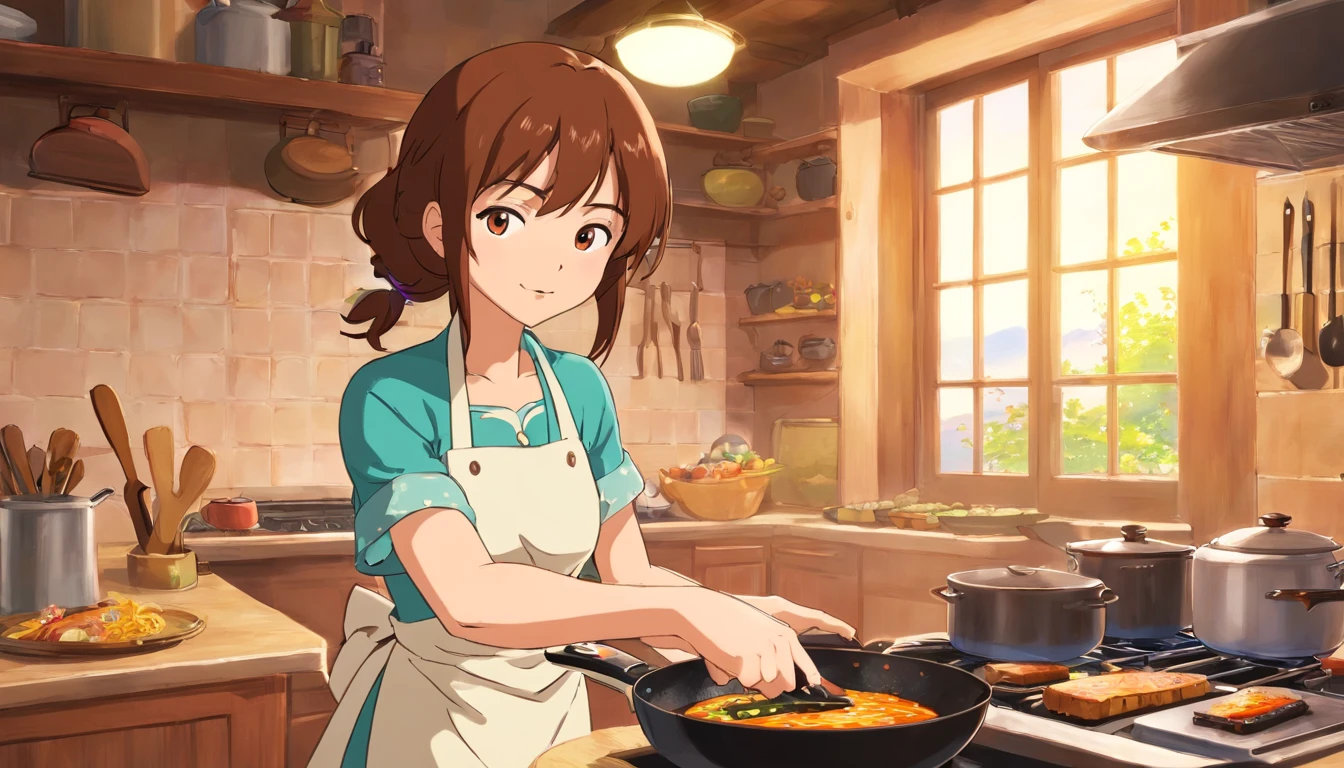 flat anime style shading, anime woman, anime-style character, Flat anime style,house wife、There is a frying pan, Brown hair, aprons, powerful posing、kitchin, Powerful anime girl,illustratio、