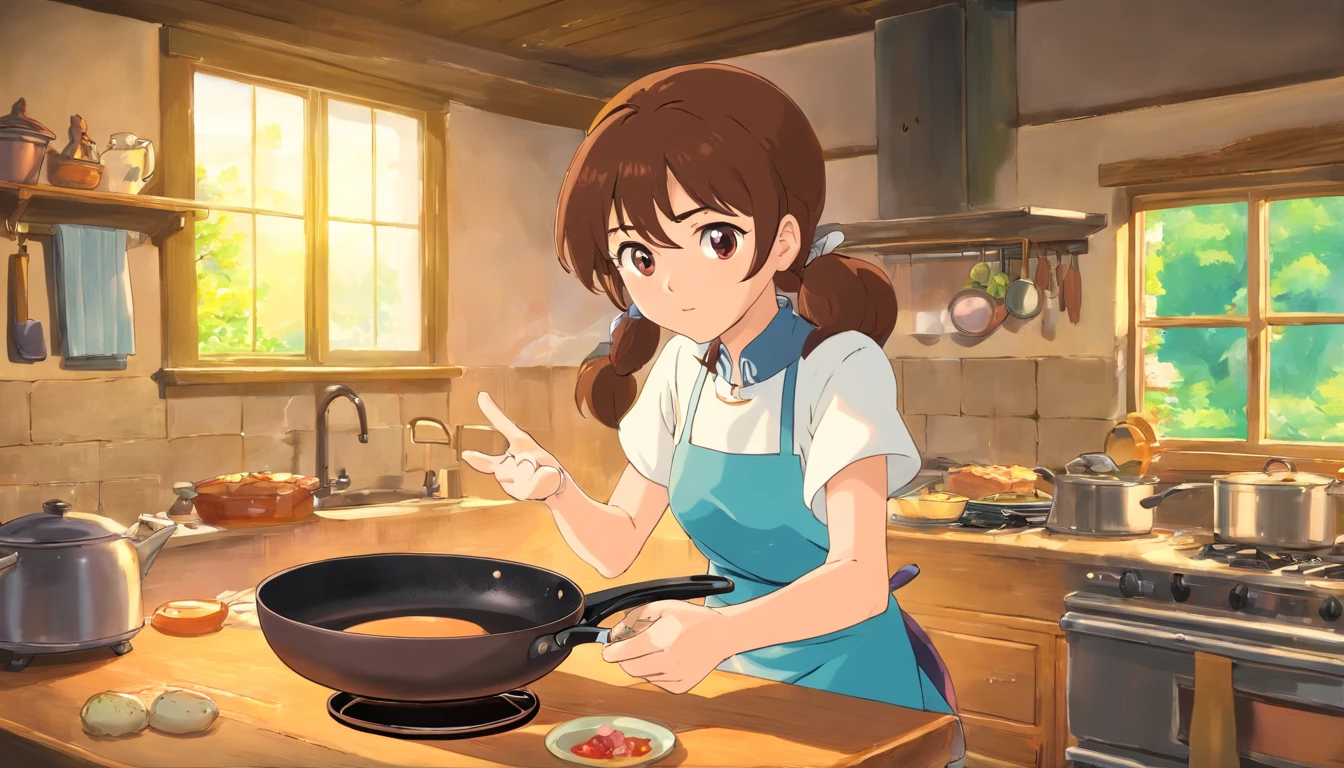 flat anime style shading, anime woman, anime-style character, Flat anime style,house wife、There is a frying pan, Brown hair, aprons, powerful posing、kitchin, Powerful anime girl,illustratio、