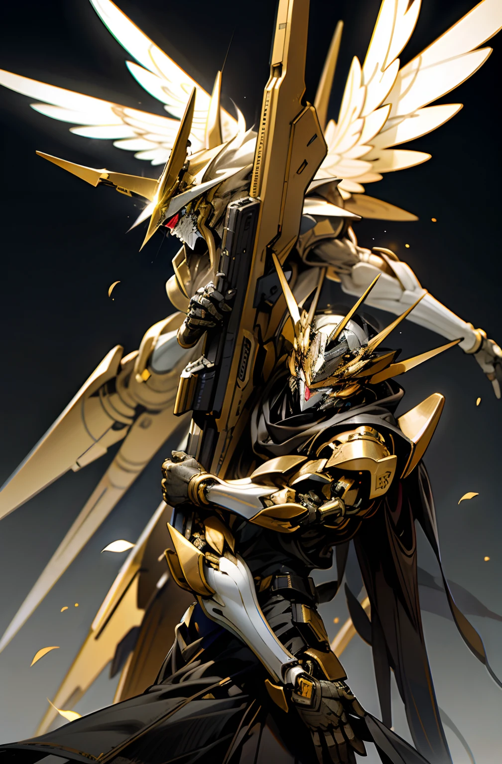 dark fantacy, , golden colored: 1.1, mechs,Runaway,Up,holding gun,Angelization,apostle,Zero Wing Gundam