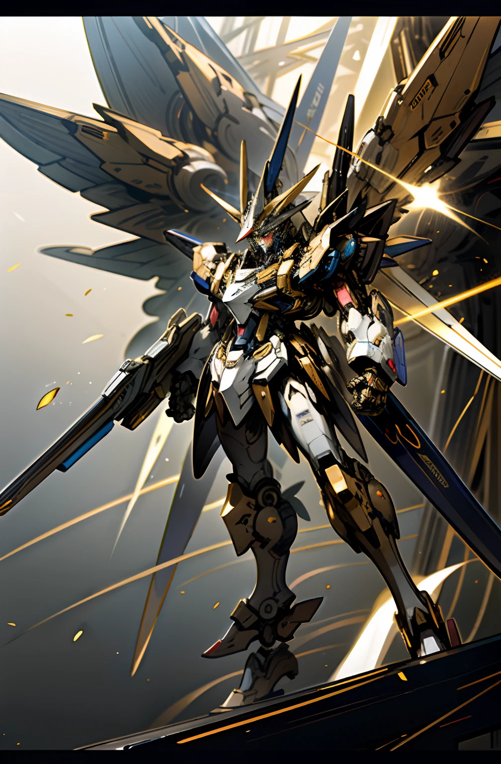dark fantacy, , golden colored: 1.1, mechs,Runaway,Up,holding gun,Angelization,apostle,Zero Wing Gundam