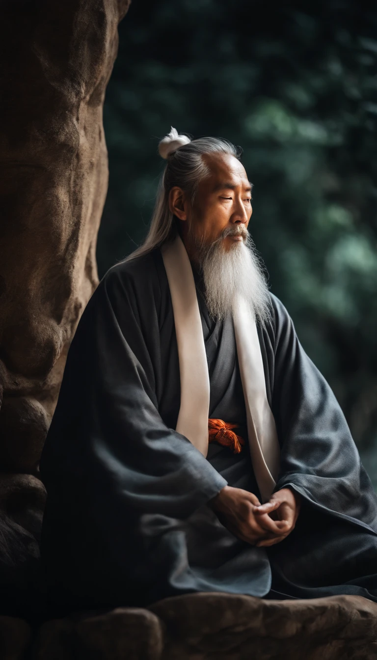 30-year-old Asian middle-aged Taoist elder sitting on a stone close-up,long whitr hair,Long beard,Meditation cross-legged,Daoism, Wearing a gray robe,magic aura,Taoist master,Taoist,Very bright colors, Light particles, with light glowing, Mshiv, wallpaper art, UHD wallpaper