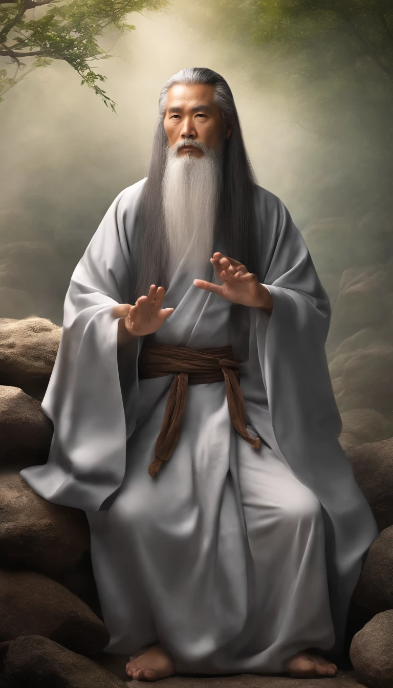 30-year-old Asian middle-aged Taoist elder sitting on a stone close-up,long whitr hair,Long beard,Meditation cross-legged,Daoism, Wearing a gray robe,magic aura,Taoist master,Taoist,Very bright colors, Light particles, with light glowing, Mshiv, wallpaper art, UHD wallpaper