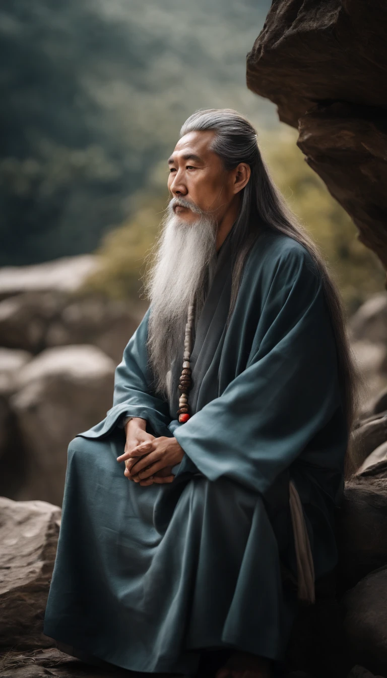 30-year-old Asian middle-aged Taoist elder sitting on a stone close-up,long whitr hair,Long beard,Meditation cross-legged,Daoism, Wearing a gray robe,magic aura,Taoist master,Taoist,Very bright colors, Light particles, with light glowing, Mshiv, wallpaper art, UHD wallpaper