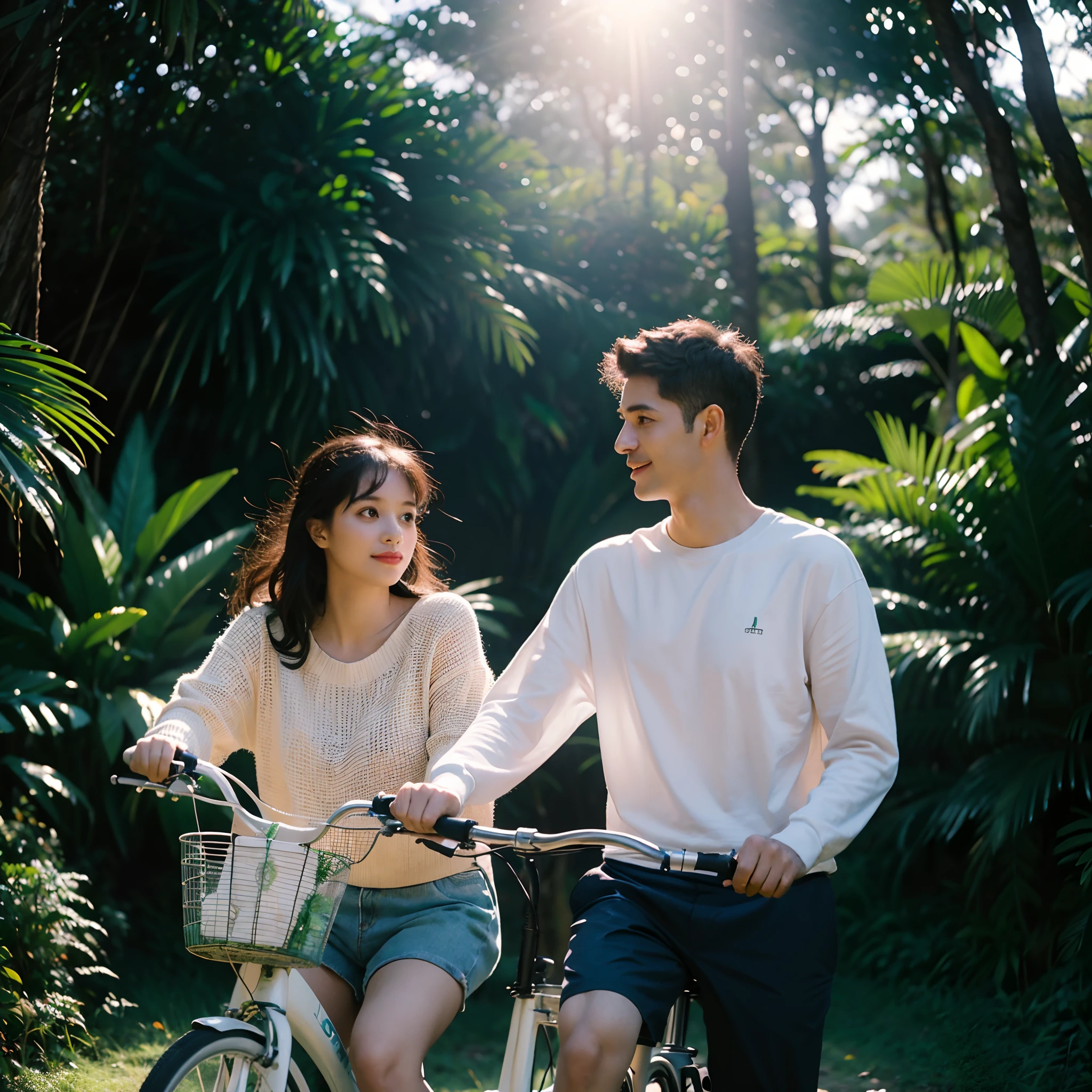 Um casal andando de bicicleta em lindo bosque com muitas plantas e verde, cada um na sua bicicleta, best quality,master part,Ultra high resolution,(Realismo:1.4),foto original,Cinematic lighting,
1girl,sorrir,Backlighting,oceano,