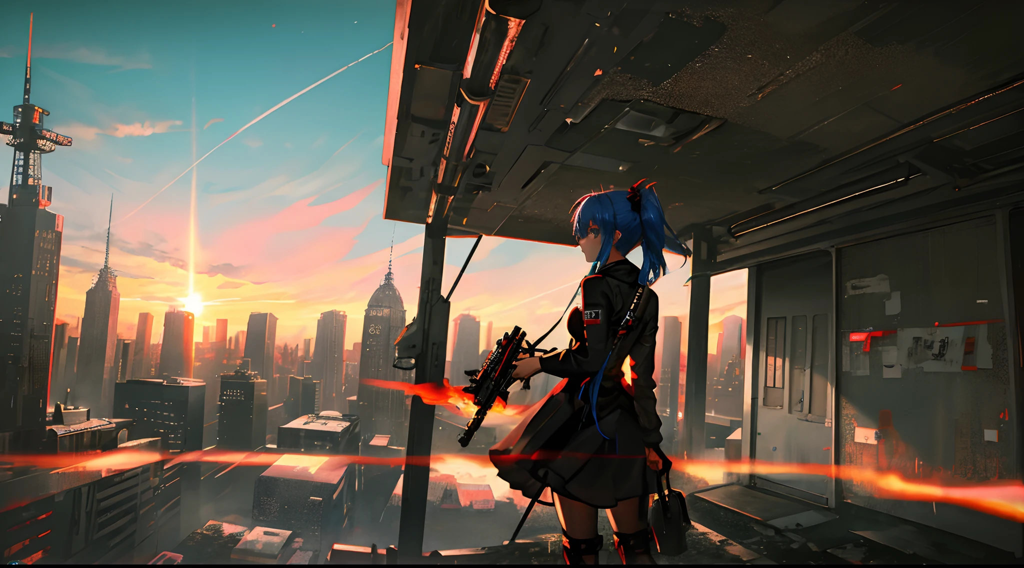 1 girl, plain dress, spinning, post apocalyptic city, dusk