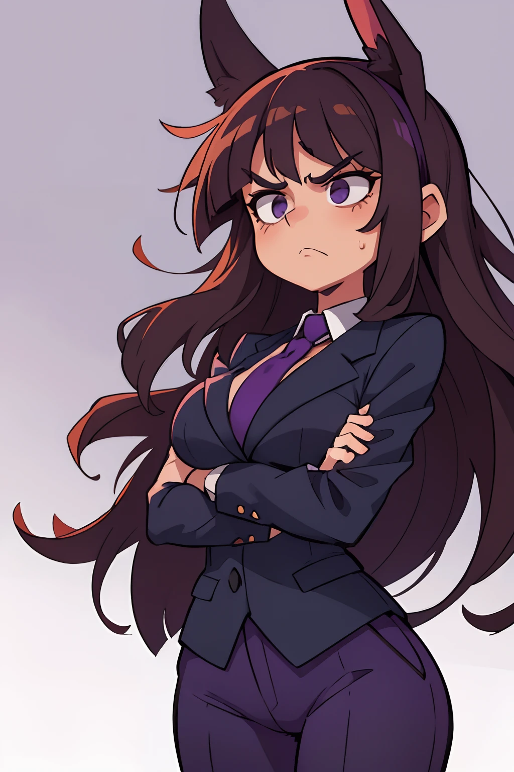 ((beste-Qualit, tmasterpiece)), 
a 1girl, business suit, long fluffy hair, brunette with large purple bangs, folded her arms over her chest, stands with a disgruntled face