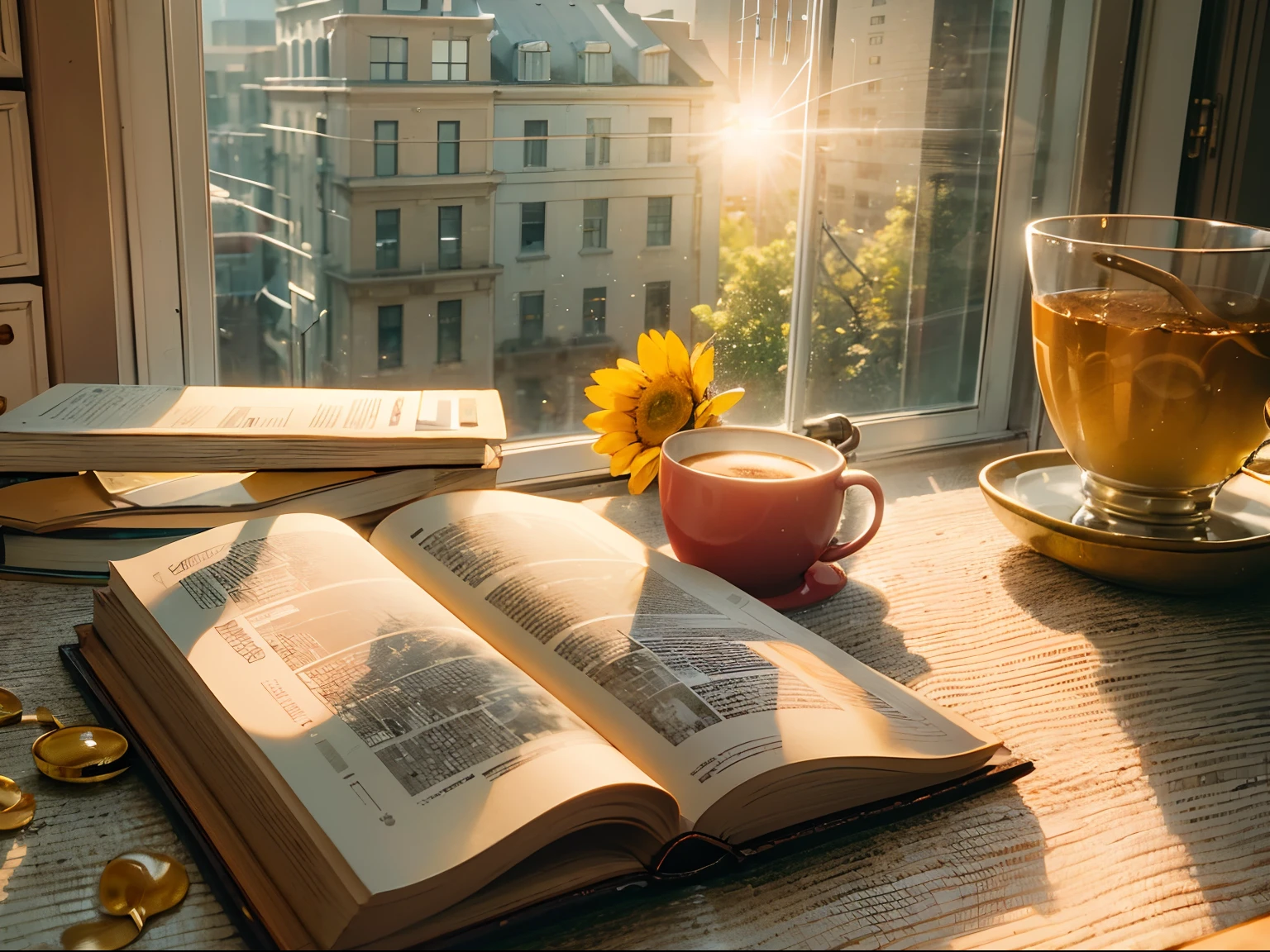 Peaceful morning in the city,The desk is located by the window,An open book is placed in the middle of the table,Next to the book is a cup of hot coffee,The sun shines on the book,You can see the rising sun through the window,Golden yellow tones,Very detailed,Perfect stills,high-definition photograph,8K