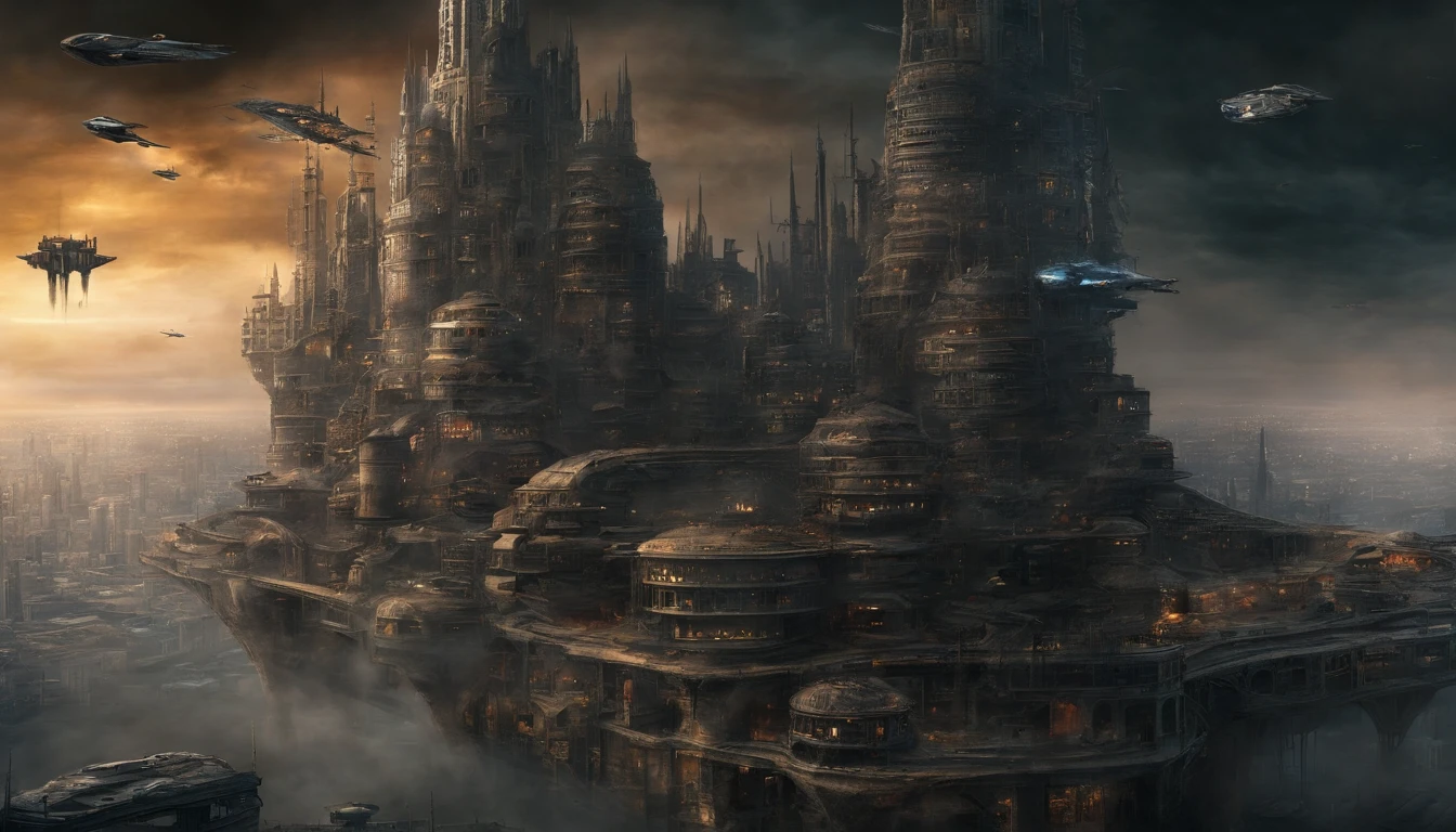 (sci fi art:1.5), Sci-fi post-apocalyptic world, (flying city:1.7), A white flying castle is located above, (The huge mechanism spews smoke:1.3), Panoramic view, Clouds of smoke, dark cloude, (Masterpiece), (Vivid colors:1.6)