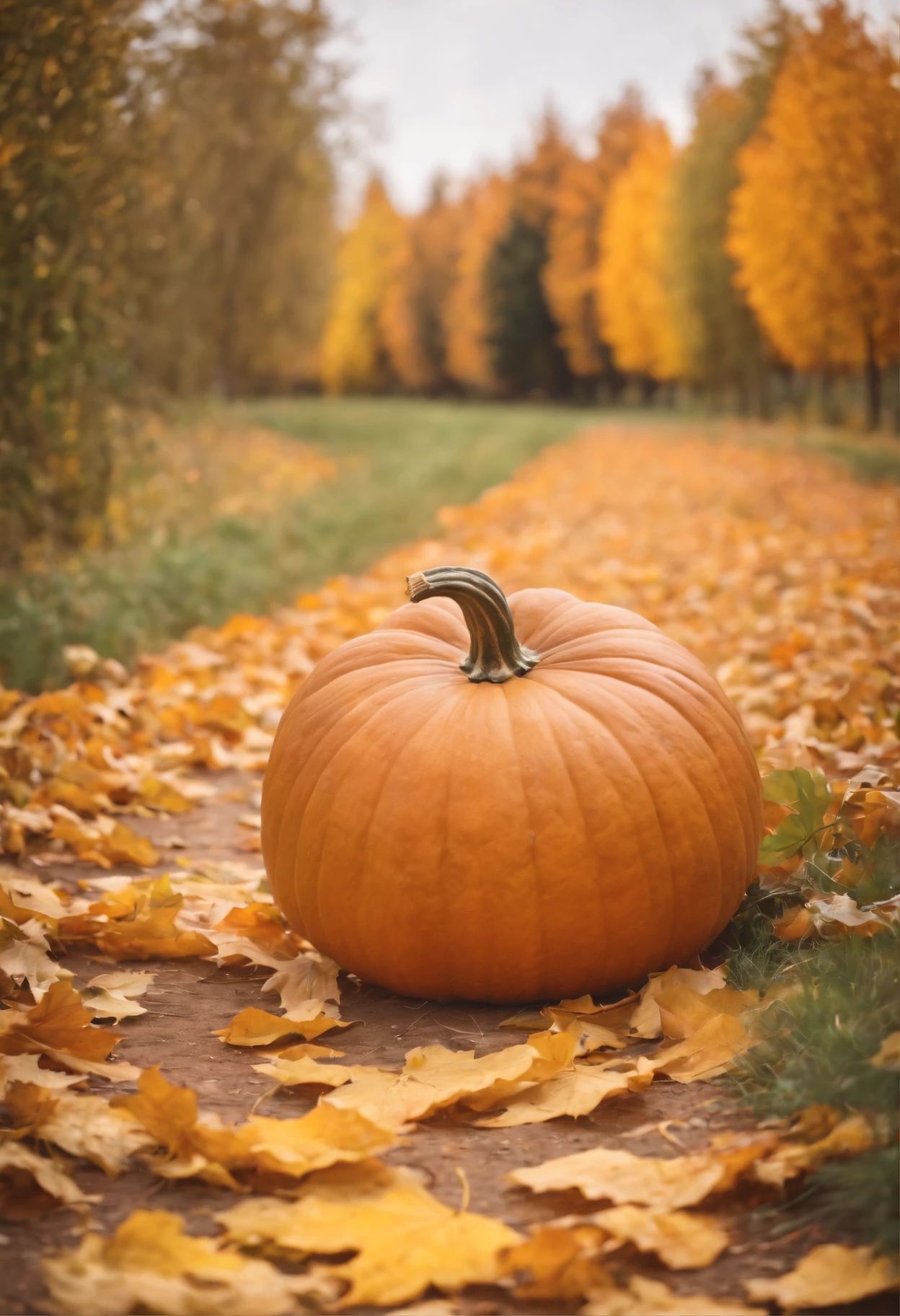 autumn, A large pumpkin lies on the path, a beautiful background, leaves, the trees, bokeh background