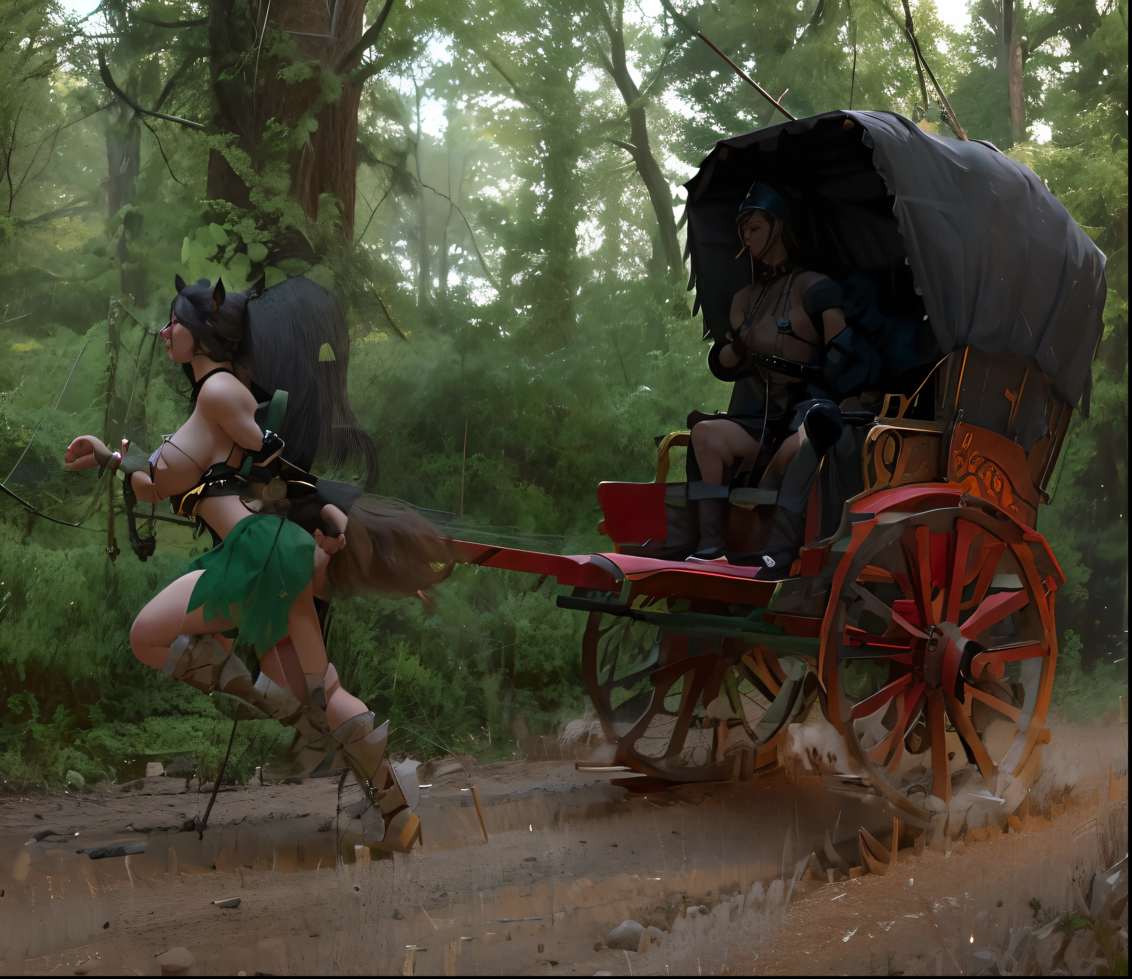 2 curvy naked Ponygirls, both arms bound behind, chained to the King chariot, hip hitched to the big chariot, maledom forcing them to pull top open chariot, maledom, bdsm, bondage, shackles, 2 ponygirls trotting the chariot in the war, behind bowman standing and holding the arrow, both ponygirls pulling the chariot full speed