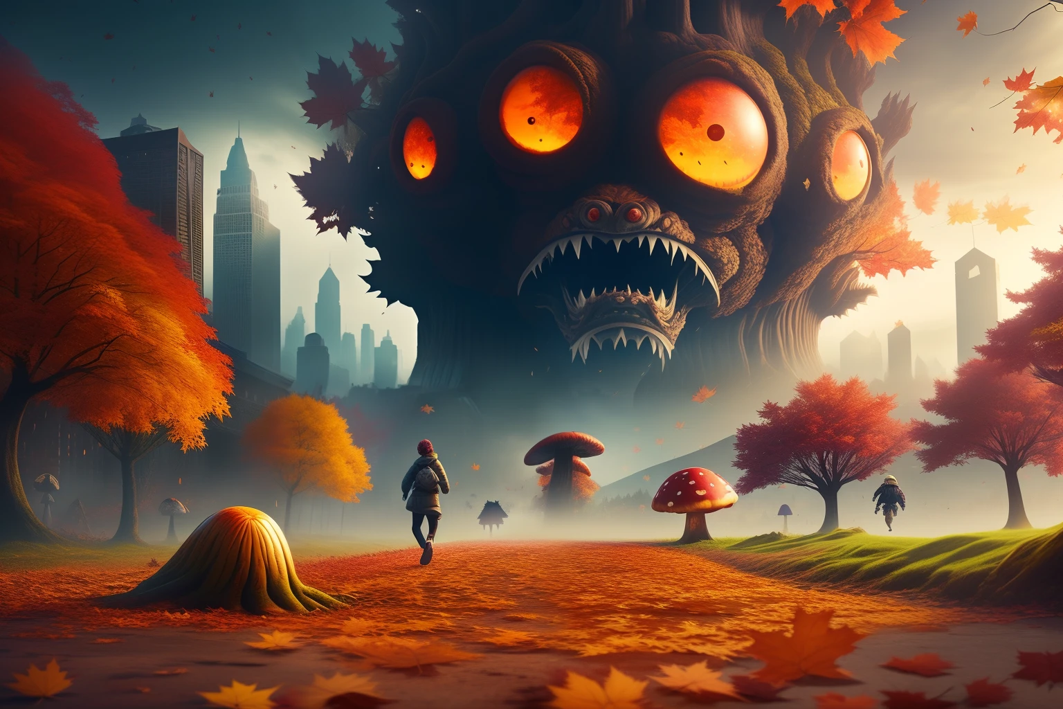 autumn, (back: huge maple monster destroy a city), (monster: eyes, fang, angry), (front : people running away), panic horror, mushroom spore, photo realistic, 8K, UHD, scenery