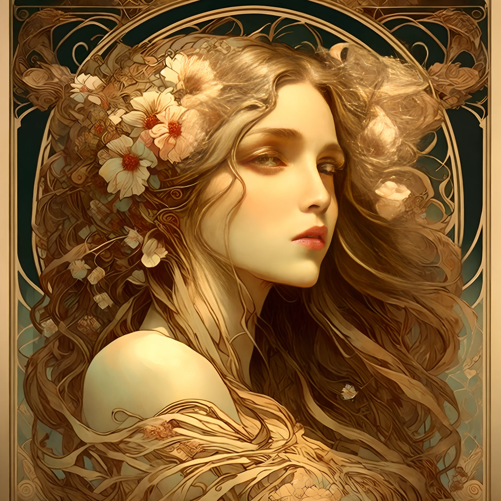 a poster of a woman with long hair and flowers in her hair, holding her hands behind her head by Alphonse Mucha