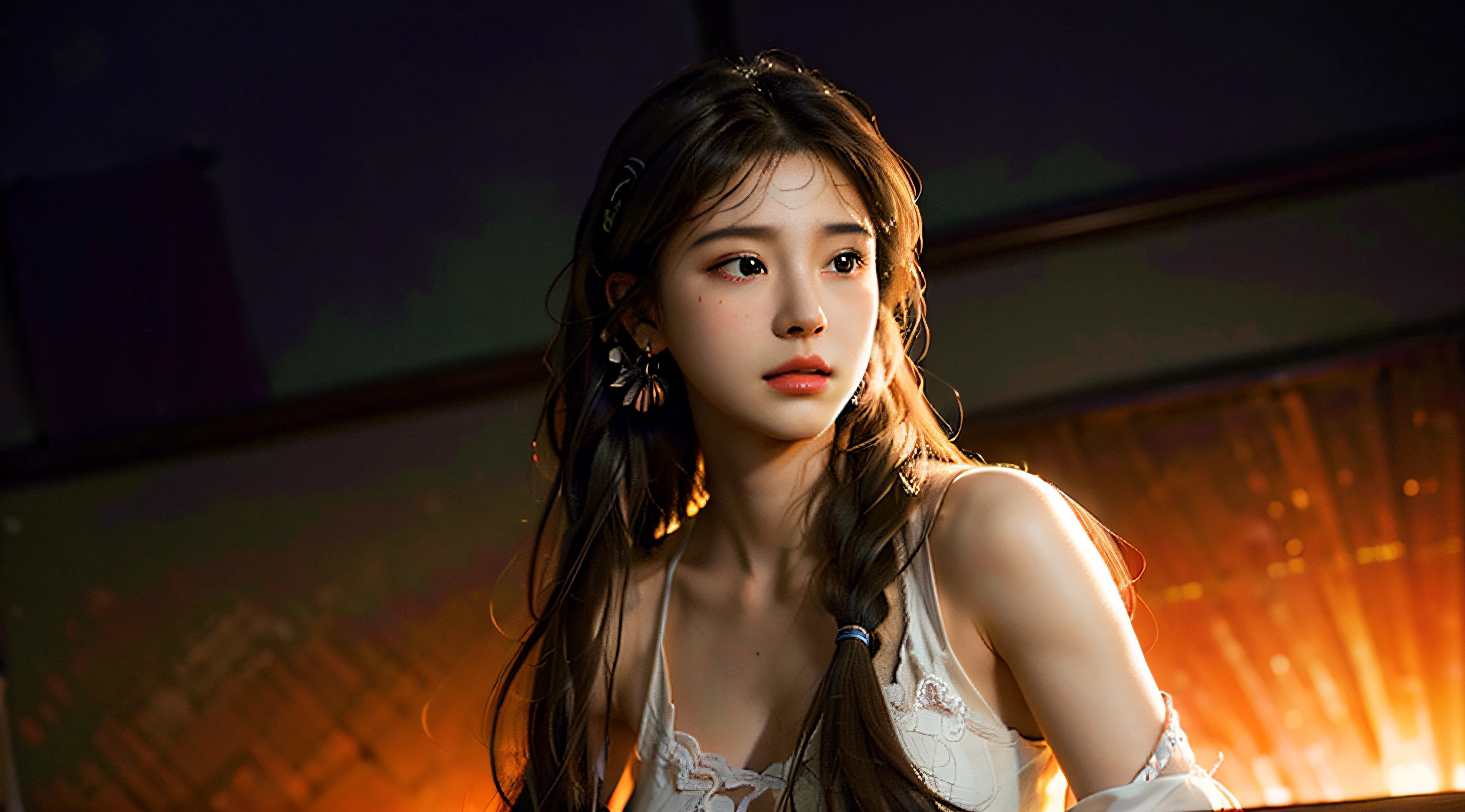 (RAW photo, best quality), (realistic, photo-realistic:1.3),best quality,highly detailed,masterpiece,ultra-detailed,illustration,1girl,upper_body,dynamic angle,world masterpiece theater,messy_long_hair,best quality,extremely detailed CG unity 8k wallpaper,ink,Amazing,cinematic lighting,lens_flare, dunhuang_style