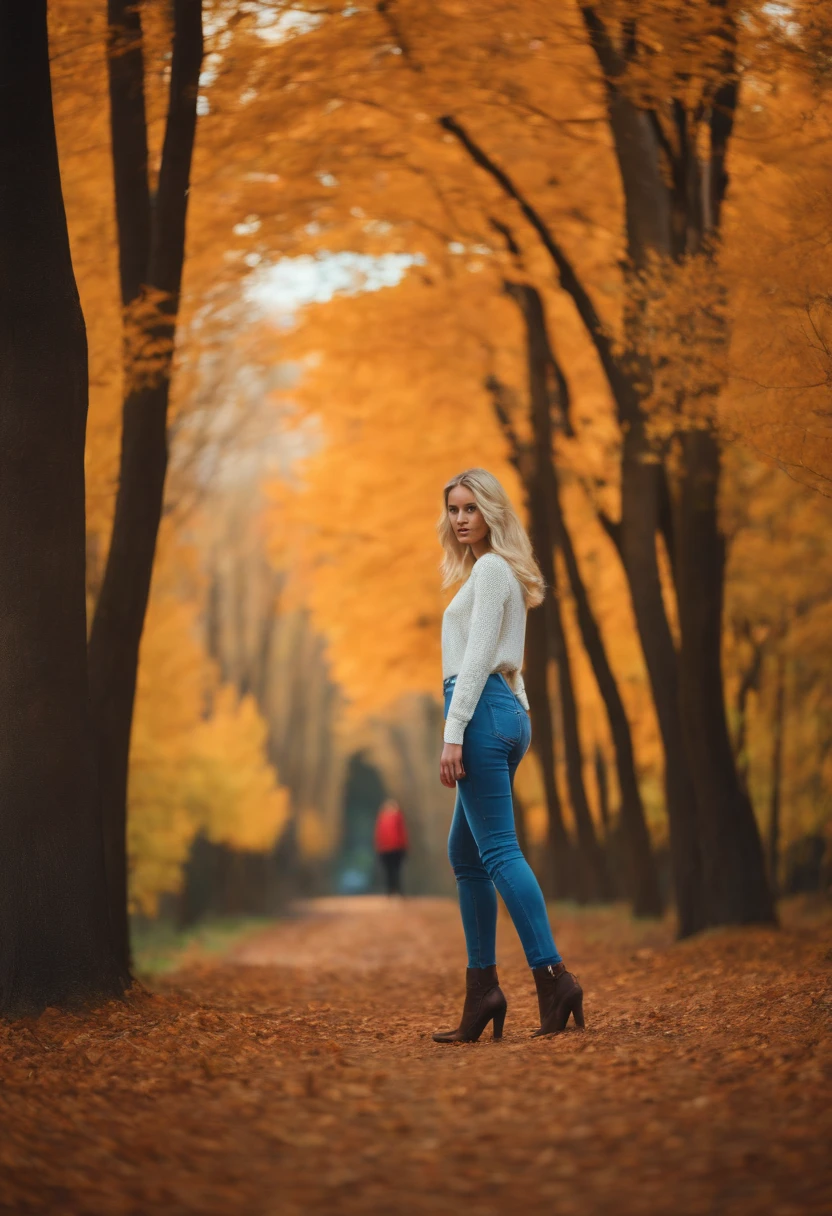 tall girl,long legs,jeans,forest,autumn, little man next to her, blond hairs sky blue eyes