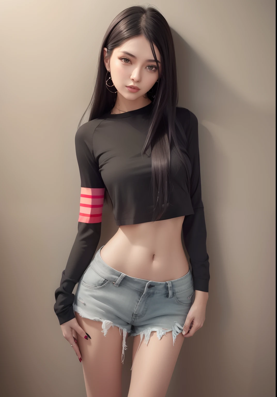 Arad woman with long black hair and gray shirt, 2 4 year old female model, photo of slim girl, half body crop, tinyest midriff ever, Physical : tinyest midriff ever, exposed midriff, Casual clothes, photo of slim girl model, wearing sexy cropped top, beautiful midriff, Casual clothing