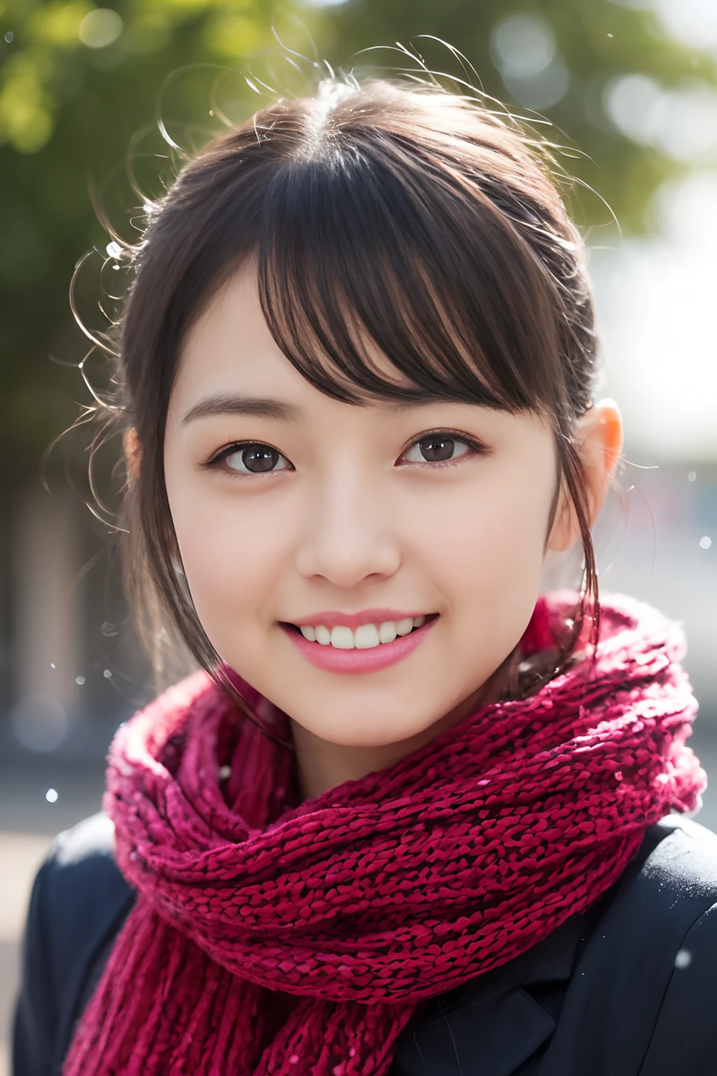 ((Show face only、Close-up of face、no-makeup、Ears protrude from the gaps in the hair))、(realisitic、Photorealsitic、ultra-detailliert、Highest Details Skins、top-quality、masterpiece、超A high resolution)、Cute Japan Woman、17 age、hi-school girl、younggirl、1 girl in、I have bangs、二重まぶた、drooing eyes、Large black eyes、Japanese style face、ssmile、Charming、purity、Cute smile、double tooth、View here、Realistic skin type、Thick muffler、Grey muffler、fluffy hair、((Hair is inside the scarf:1.3))、Red cheeks、The wind is blowing、It's snowing、illuminations、Lighting from behind