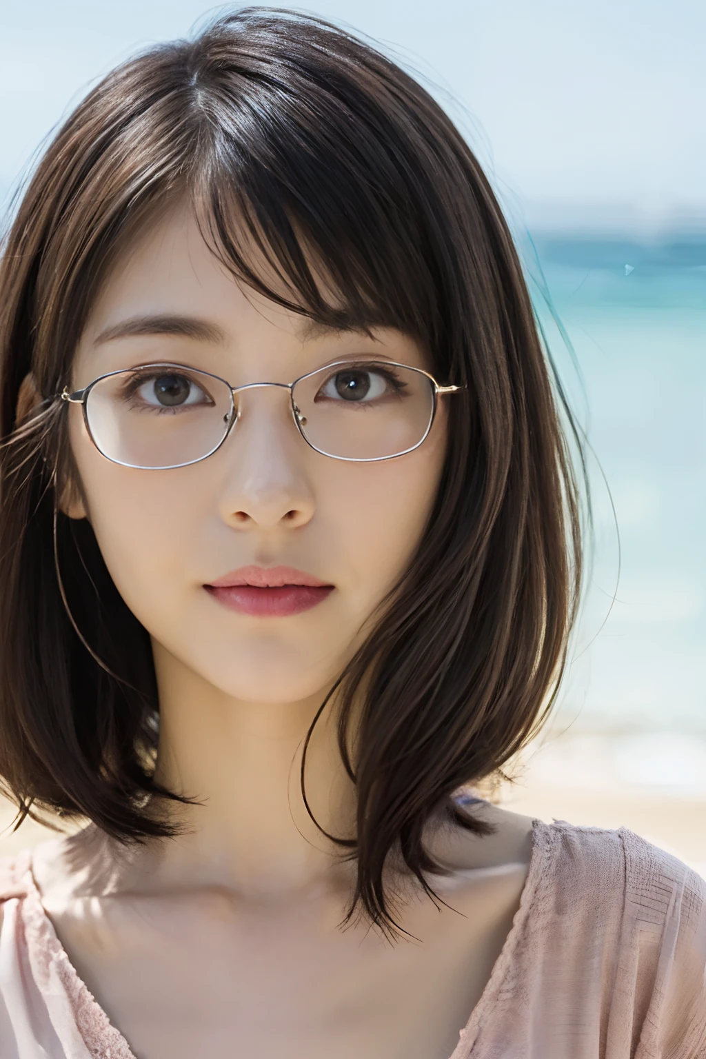 (8K、Raw photography、top-quality、masterpiece:1.2)、(realisitic、Photorealsitic:1.37)、ultra-detailliert、超A high resolution、1人、see the beholder、beautifull detailed face、A smile、Constriction、(Slim waist) :1.3)、Autumn clothes、Beautiful detailed skin、Skin Texture、Floating hair、Professional Lighting、beach、Square glasses with black rimming、Whole human body、Brown hair