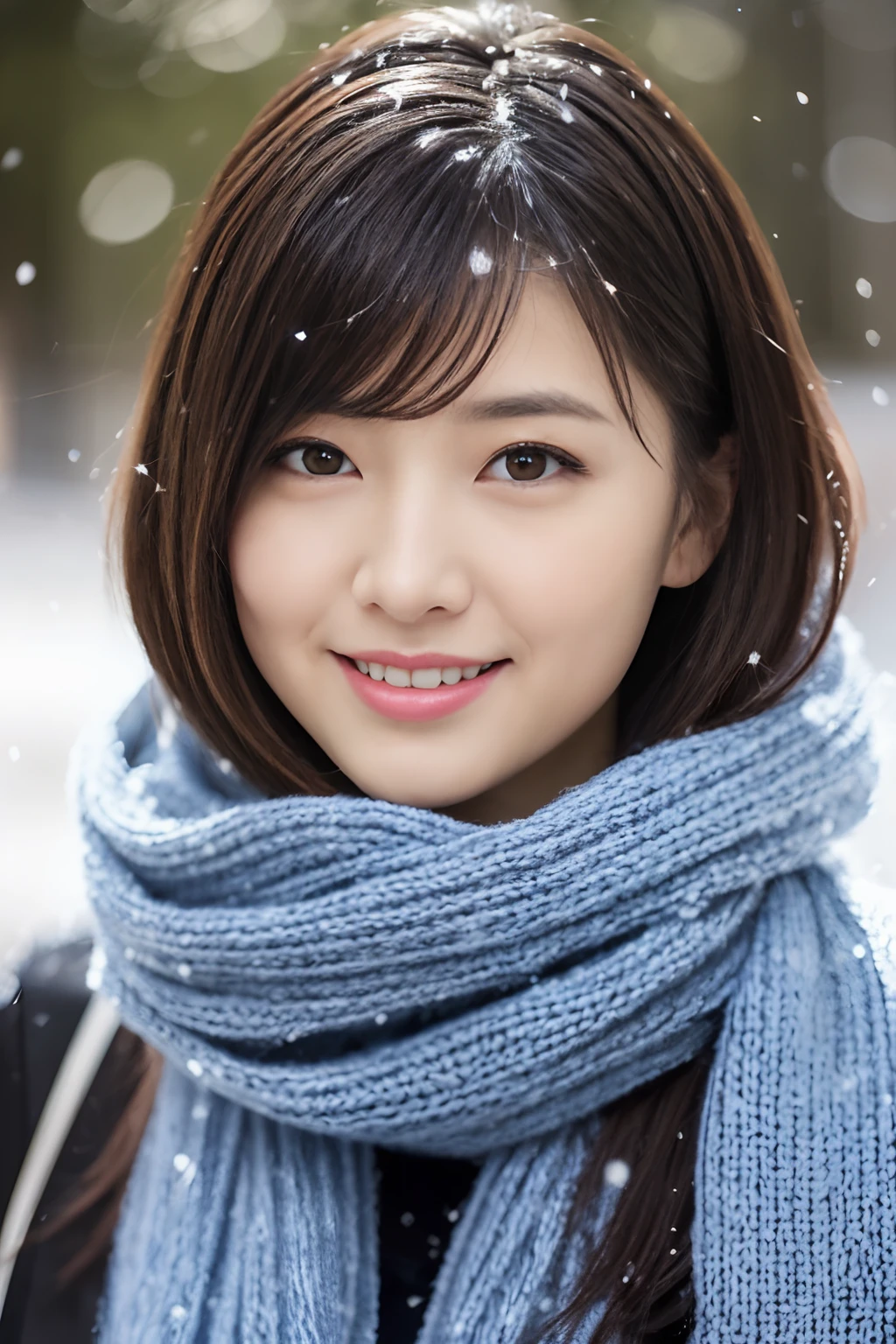 ((Show face only、Close-up of face、no-makeup、Ears sticking out of the gaps in the hair))、(realisitic、Photorealsitic、ultra-detailliert、Highest Details Skins、top-quality、masterpiece、超A high resolution)、Cute Japan Woman、、hi-school girl、younggirl、1 girl in、I have bangs、二重まぶた、drooing eyes、Large black eyes、Japanese style face、ssmile、Charming、purity、Cute smile、double tooth、View here、Realistic skin type、Thick muffler、Grey muffler、fluffy hair、((Hair is inside the scarf:1.3))、Red cheeks、The wind is blowing、It's snowing、illuminations、Lighting from behind