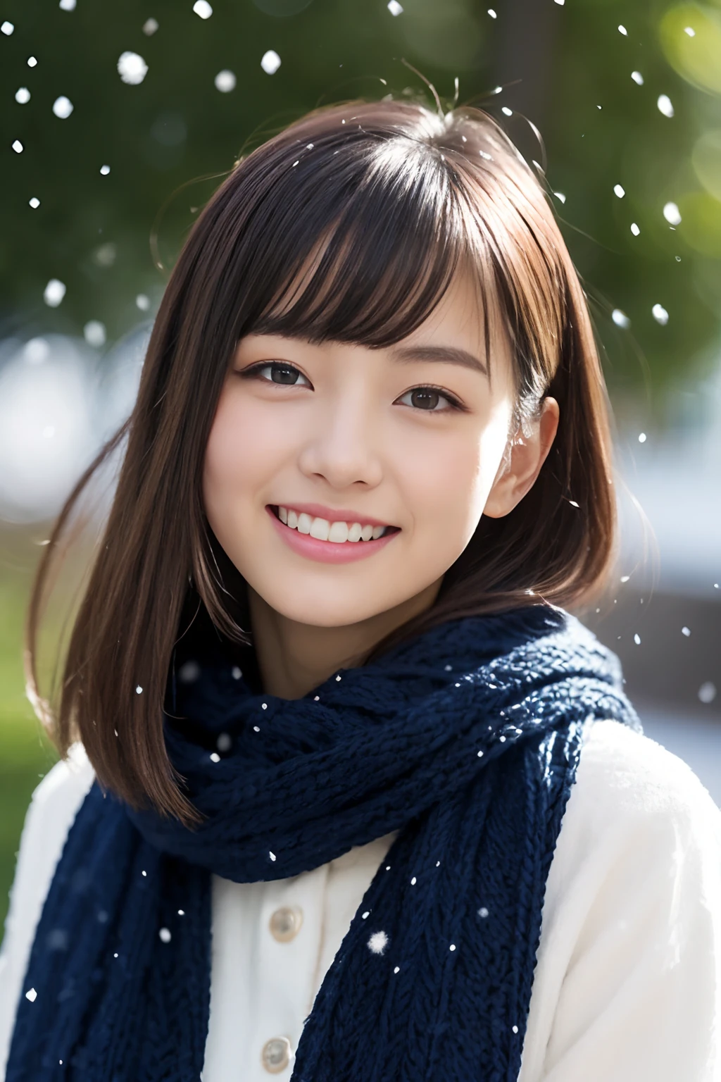 ((Show face only、Close-up of face、no-makeup、ears sticking out of the gaps in the hair,))、(realisitic、Photorealsitic、ultra-detailliert、Highest Details Skins、top-quality、masterpiece、超A high resolution)、Cute Japan Woman、、hi-school girl、younggirl、1 girl in、I have bangs、二重まぶた、drooing eyes、Large black eyes、Japanese style face、ssmile、Charming、purity、Cute smile、double tooth、View here、Realistic skin type、Thick muffler、Grey muffler、fluffy hair、((Hair is inside the scarf:1.3))、Red cheeks、The wind is blowing、It's snowing、illuminations、Lighting from behind