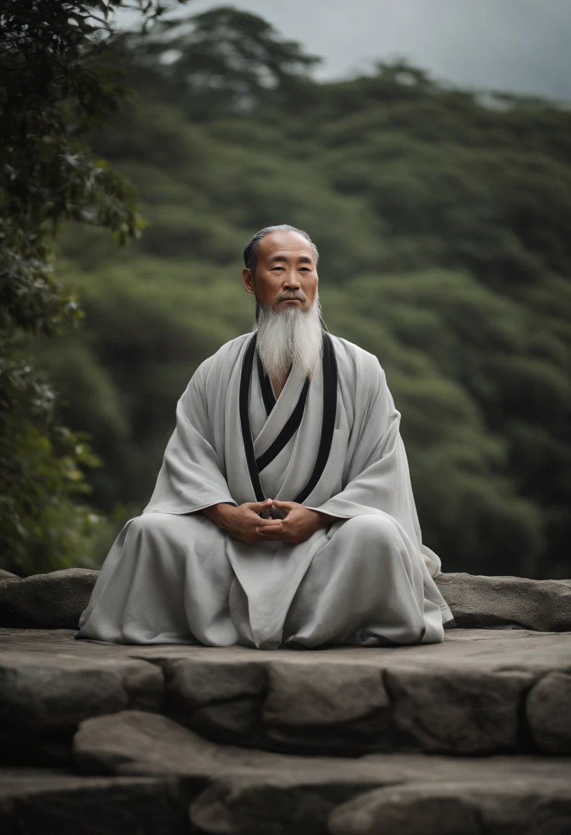 30-year-old Asian middle-aged Taoist elder sitting on stone close-up,long whitr hair,Long beard,Meditation cross-legged,Daoism, wearing gray robes,magic aura,Taoist master,Taoist,at centre,Face the lens,Very bright colors, Light particles, with light glowing, Mshiv, wallpaper art, UHD wallpaper