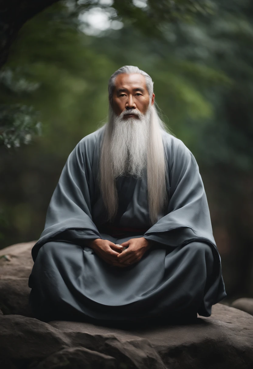 30-year-old Asian middle-aged Taoist elder sitting on stone close-up,long whitr hair，Long beard，Meditation cross-legged，Daoism, wearing gray robes，magic aura，Taoist master,Taoist，at centre，Face the lens，Very bright colors, Light particles, with light glowing, Mshiv, wallpaper art, UHD wallpaper