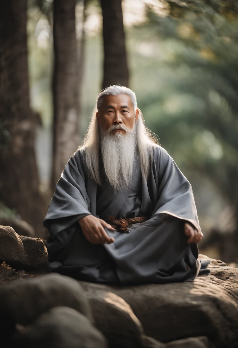 30-year-old Asian middle-aged Taoist elder sitting on stone close-up,long whitr hair，Long beard，Meditation cross-legged，Daoism, wearing gray robes，magic aura，Taoist master,Taoist，at centre，Face the lens，Very bright colors, Light particles, with light glowing, Mshiv, wallpaper art, UHD wallpaper