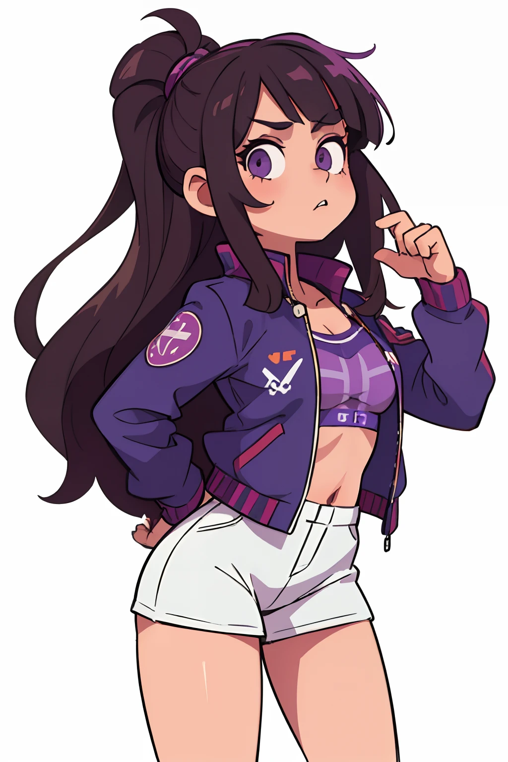((beste-Qualit, tmasterpiece)), 
a 1girl, in a jacket, brunette with big purple bangs and loose long hair, White background,